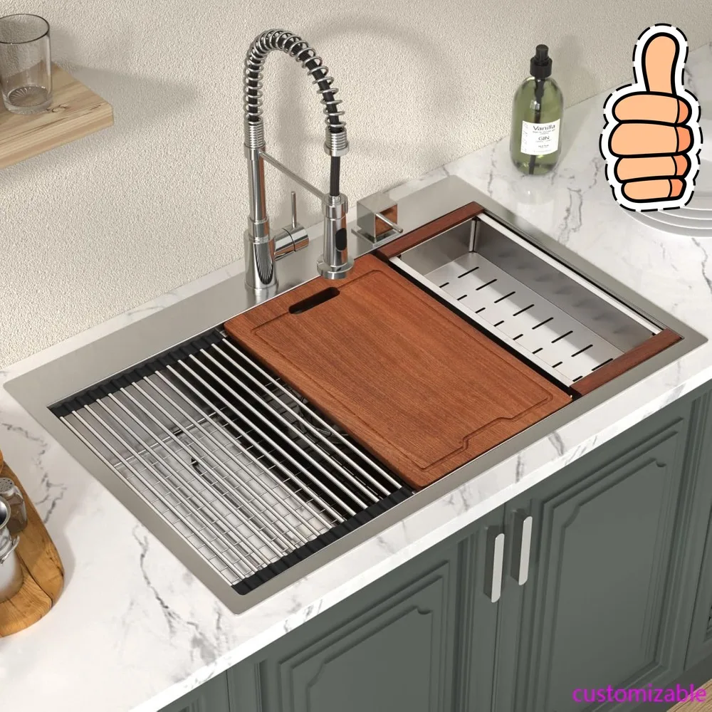 NEW-33 Drop In Kitchen Sink Workstation 33x22 Kitchen Sinks Drop In Stainless Steel 16 Gauge Single Bowl Handmade Topmount Sink