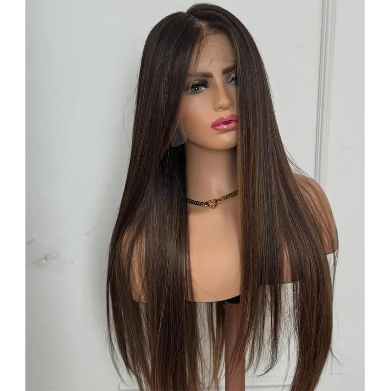 미리 뽑아낸 자연스러운 헤어라인, 실키 스트레이트 다크 브라운 하이라이트, 26인치, 100% 인도산 인모 풀 레이스 가발 (여성용)