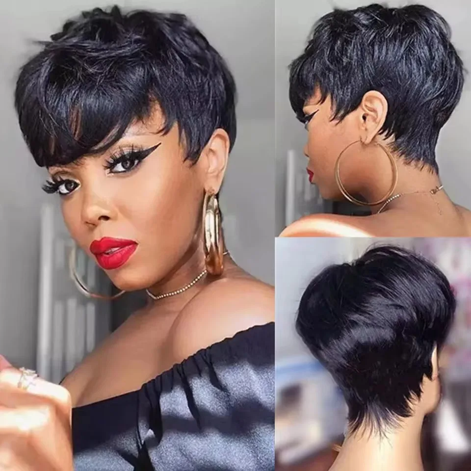 Parrucca Pixie Cut in capelli umani, parrucche bob corte in veri capelli umani, parrucche Pixie realizzate a macchina per donne, taglio corto a strati, parrucche lisce - immagine 4