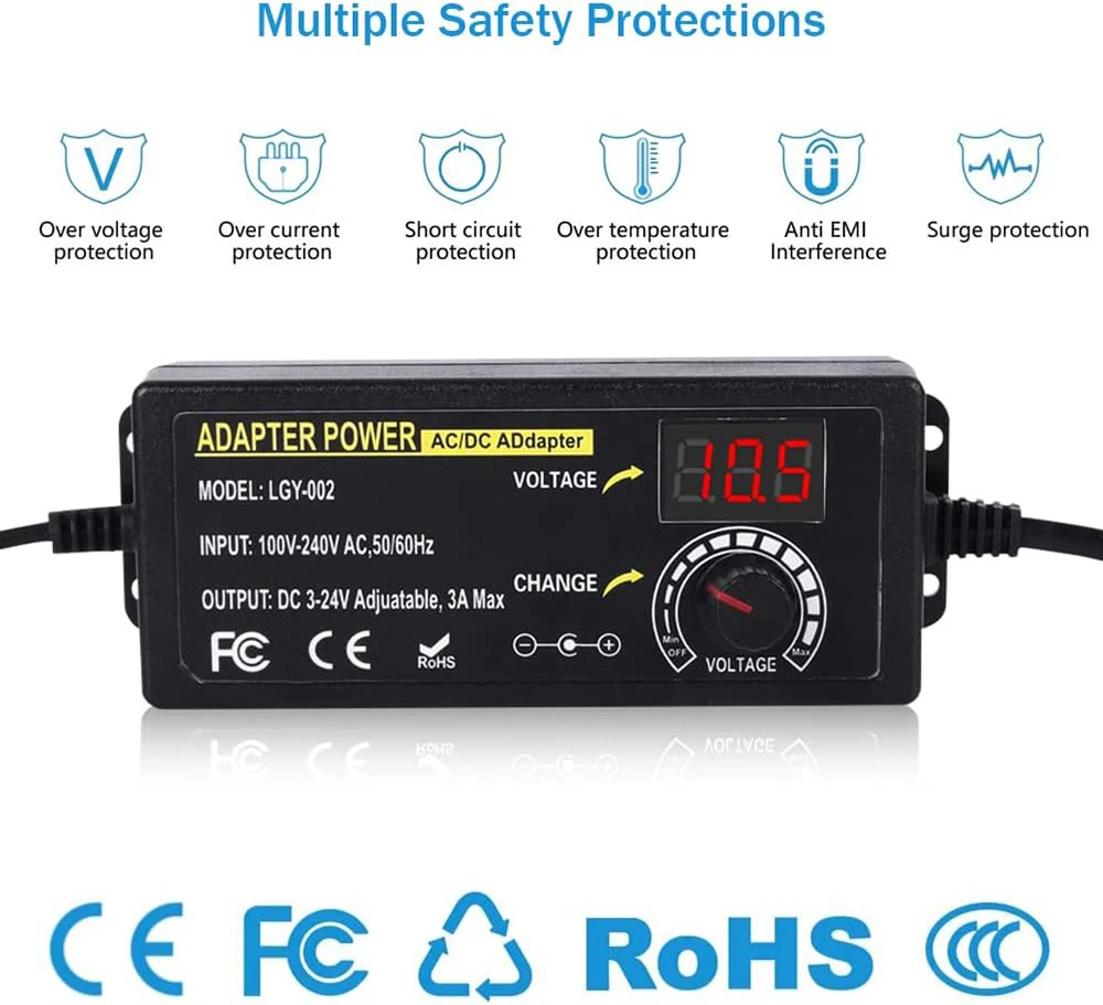 Variable Adjustable Voltage AC/DC Power Supply Adapter - 3-12V, 3-24V, 9-24V With Display