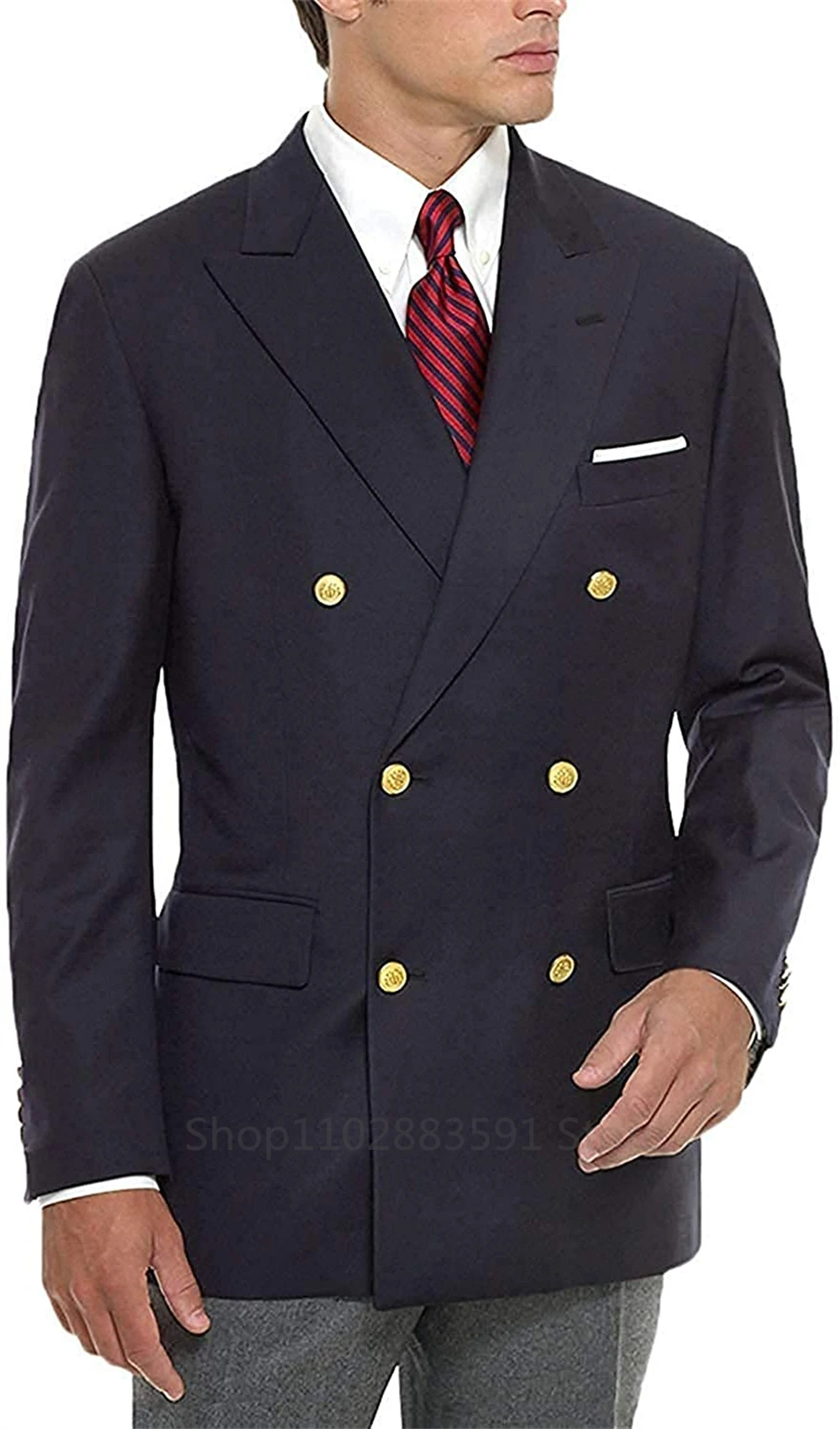 Blazer jacket Navy Blue Wedding Blazer Men Gentleman Suit Jacket Gold Buttons Casual Slim Fit Double Breasted Business Male Only Blazer