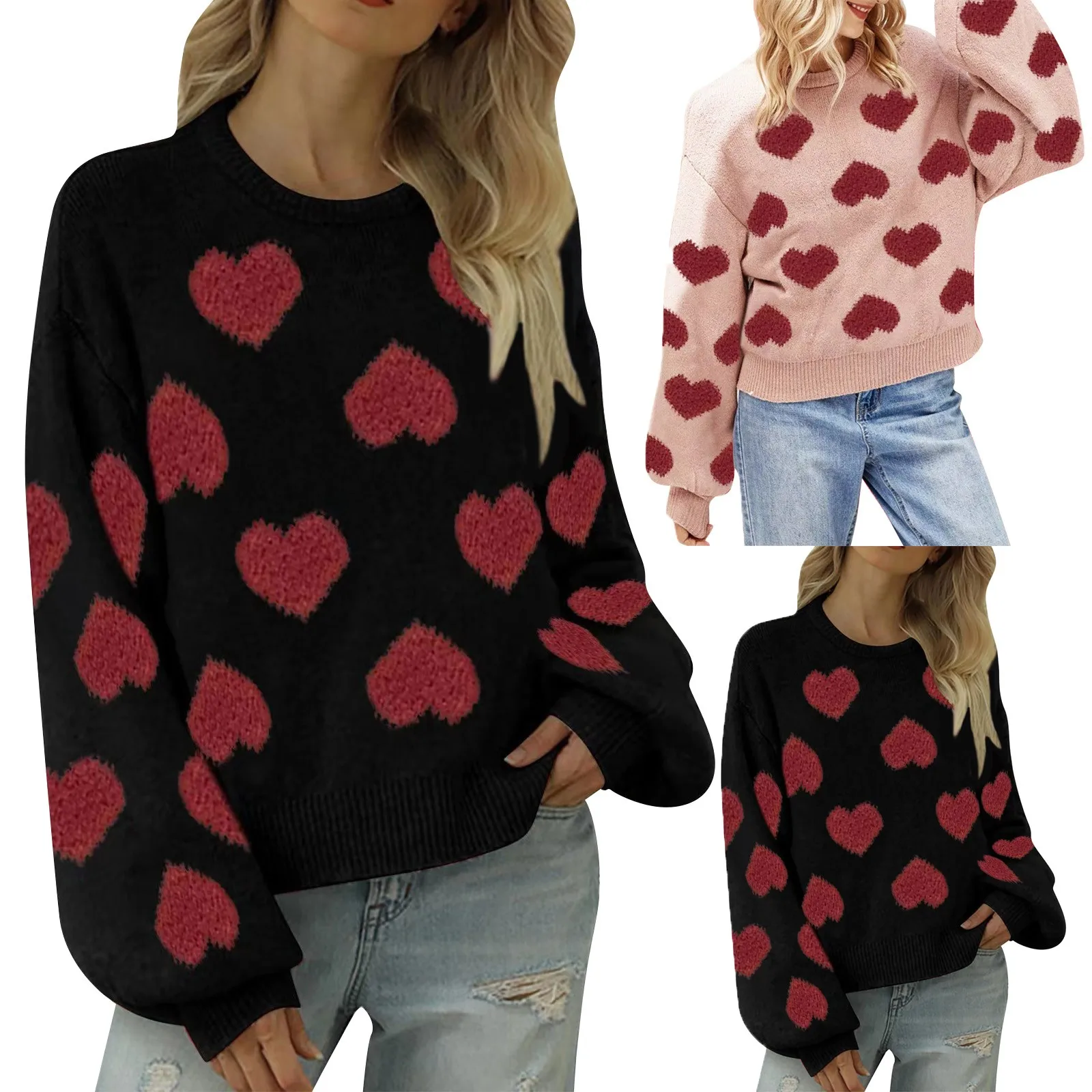 

Women'S Casual Loose Sweater Fashion Puff Sleeve Valentine'S Day Printed Long Sleeve Sweater Round Neck Crop Pullover Sweater