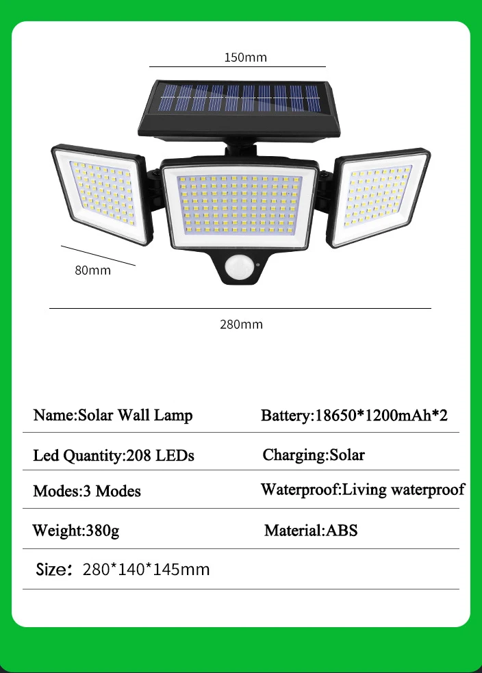 208LED Solar Outdoor Lights Security Lights with Remote Control 3 Heads Motion S
