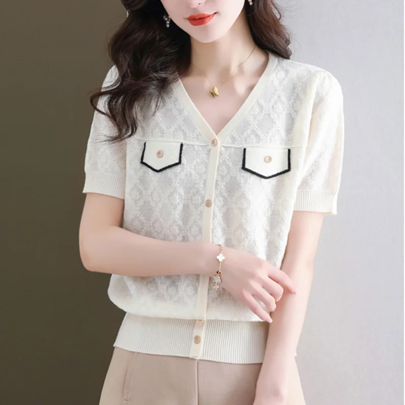 

Short Sleeve T Shirt Women V Neck Knitted Tops Black Button Casual T Shirts 2023 Summer Womens Clothing Fashion Camisetas Mujer