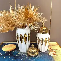 Geometric Diamond Check Gold Storage Jar Ceramic Checkmate Jar Vase Handicraft Decoration Vintage Bottle General Can Ginger Jar 1
