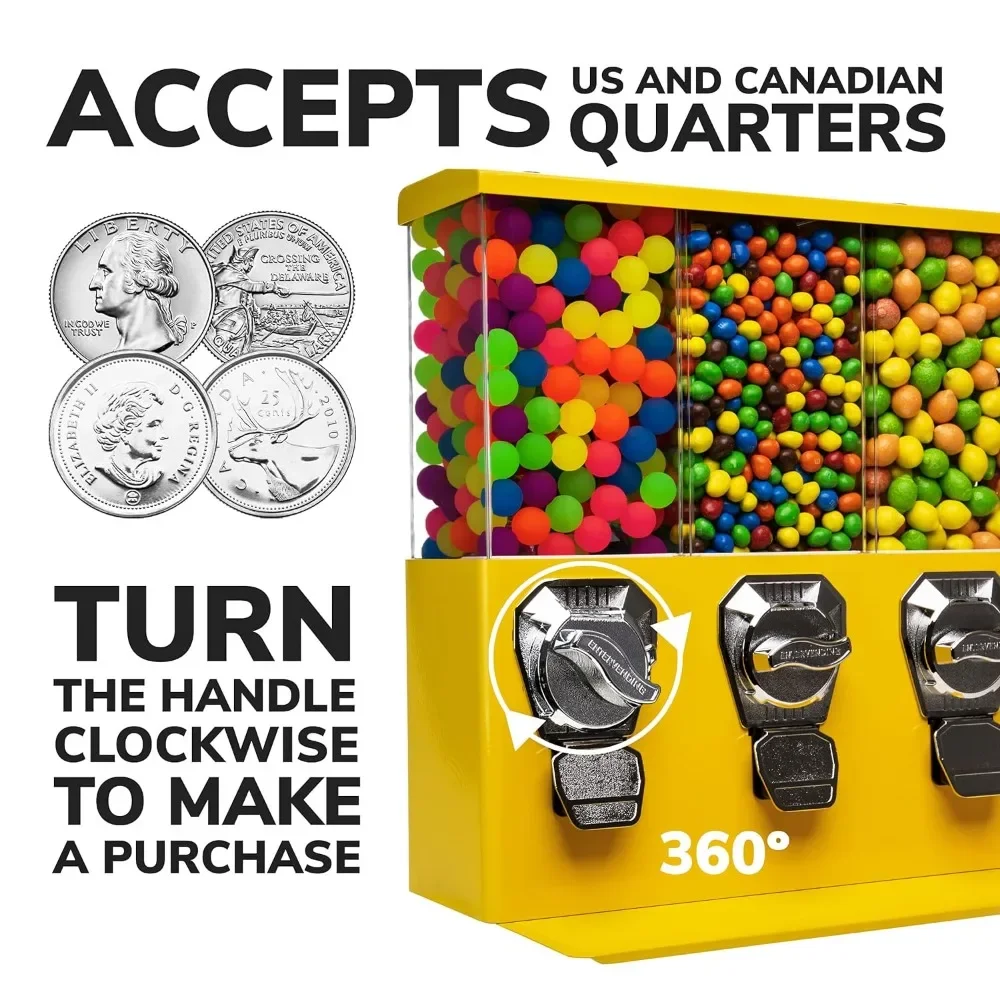 Gumball and Candy Machine with Stand - Yellow Triple Vending   Interchangeable Canisters 2