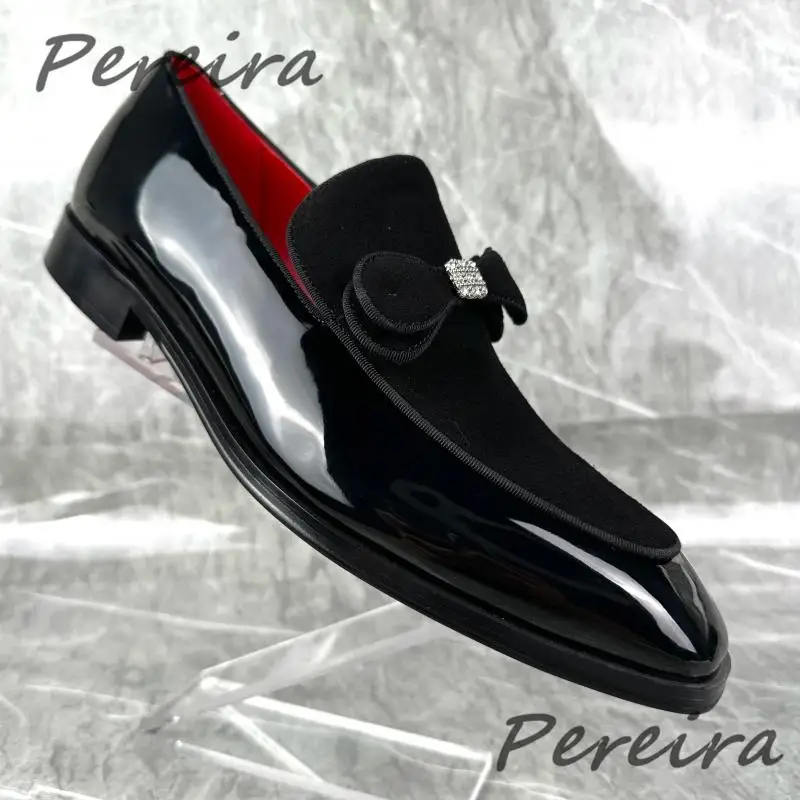 Bowknot Rhinestone Men Patent Leather Shoes British Style Black Luxury Formal Loafers High Quality Party Wedding Dress Shoes