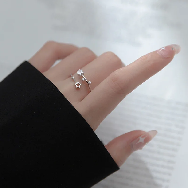 Korean Five Pointed Star Rings Women Simple Zircon Cross Opening Adjustable Finger Rings Jewelry Party Gift