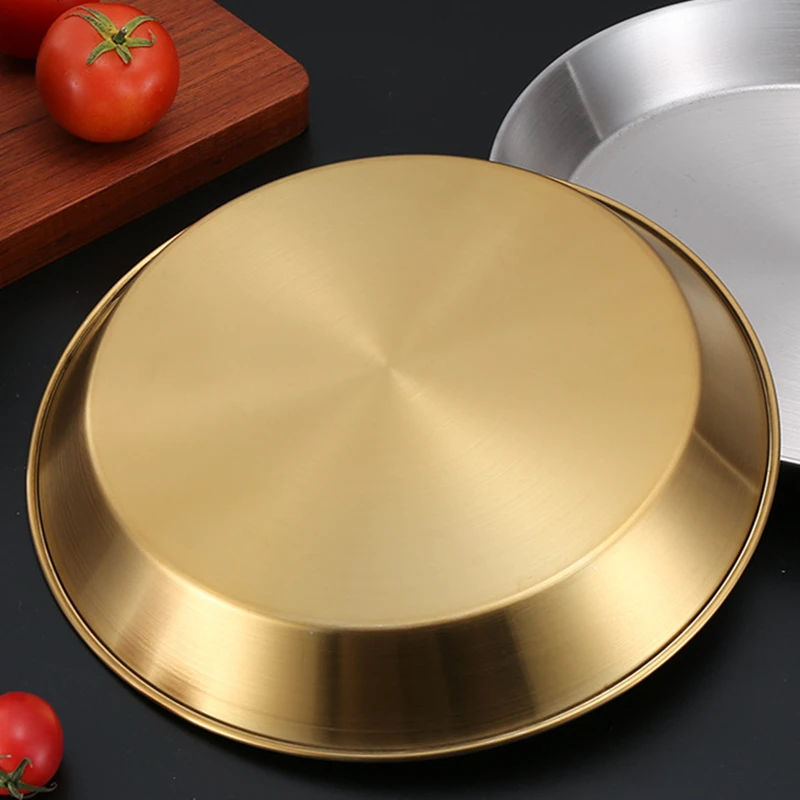 Korean Luxury Stainless Steel Round Plate Golden Flat-bottomed Storage Tray Thickened Fruit Cake Steak Snack Dishes 5