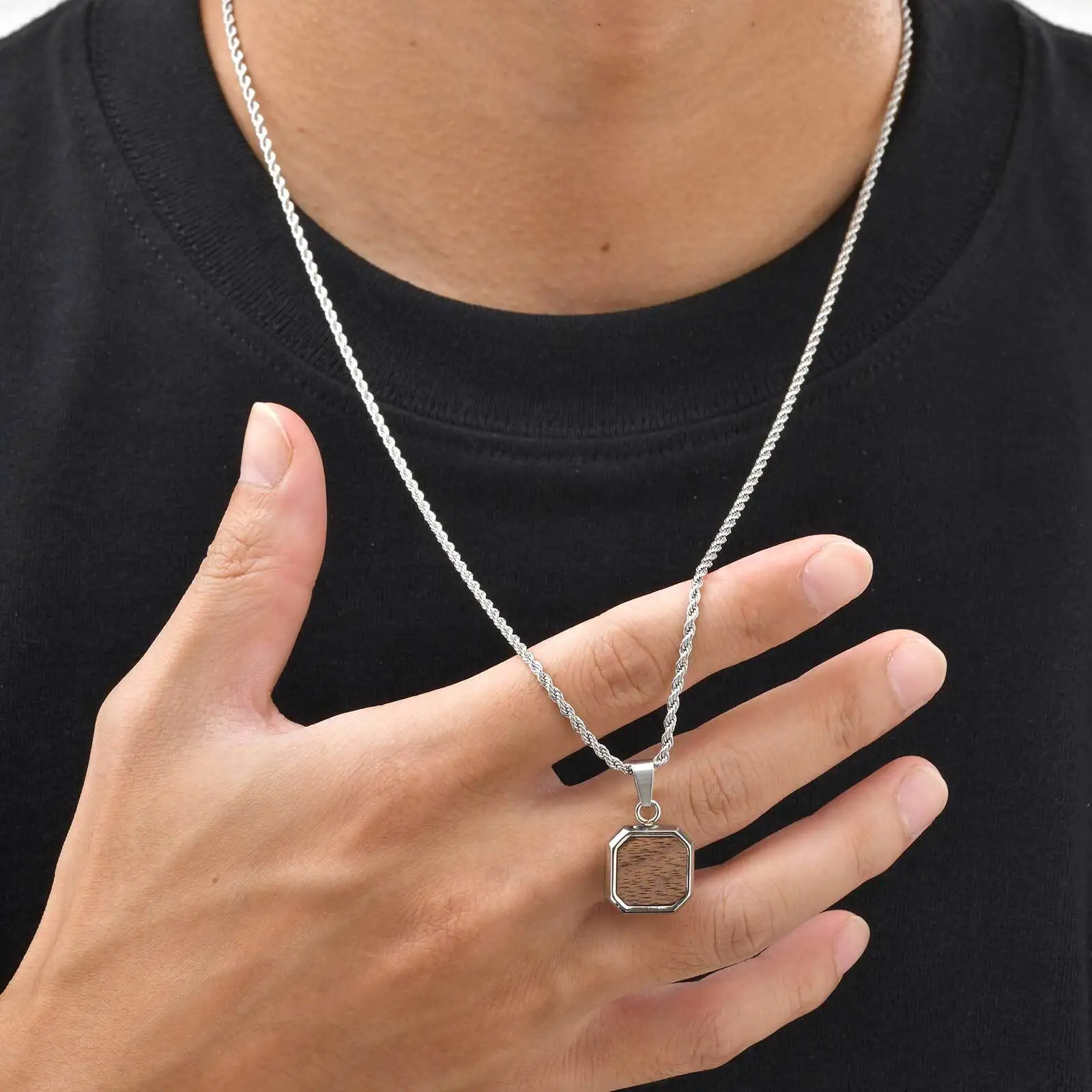 Minimalist Brown Square Pendant Necklace for Men,Wateproof Natural Wood Necklace with Twistd Chain,Vintage Jewelry Gift