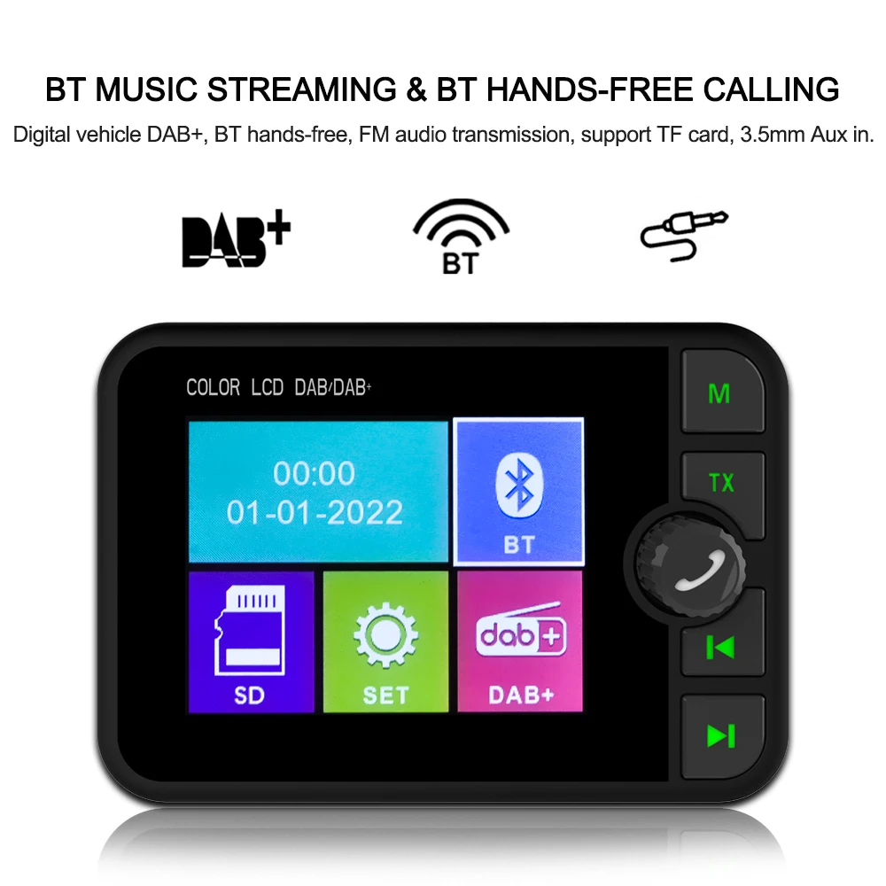 Podofo Receptor de radio digital DAB con pantalla LCD de 2,4 pulgadas, adaptador de audio para coche, transmisor FM DAB Plus, función BT y AUX, compatible con vehículos Tesla, BMW, Ford de todas las series 5