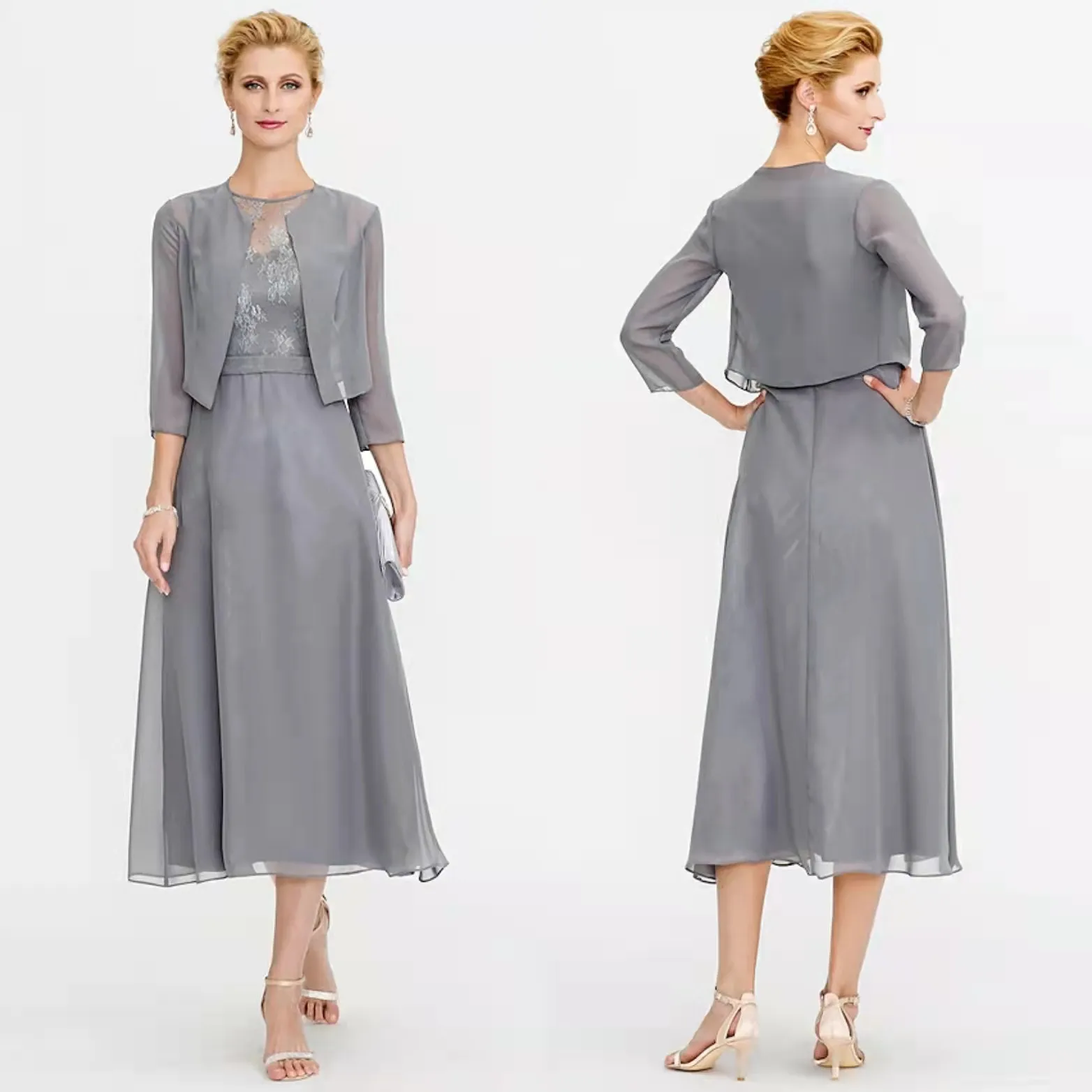 

Short Lace A-Line Mother of the Bride Dress Elegant Illusion Neck Tea Length Chiffon Wedding Guest Dress for Women