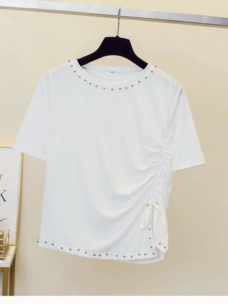 

Women Summer T-Shirts 2023 Korean Leisure Time Fashion Drawstring Split Design Nail Bead Short Sleeve T-shirt Trend D4033