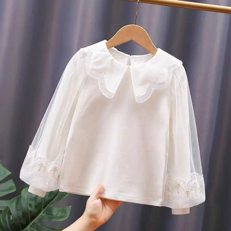 

Spring Autumn Toddler Teen Girls Cotton Blouse White Bow Lace Long Sleeve Shirts Kids Pullover Tops Children Clothes 3-13 Years