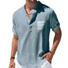 New Men's Casual Stand Up Collar Summer Solid Color Short Sleeve Linen Shirt Trendy Breathable Loose Youth Basic Pocket Top 3
