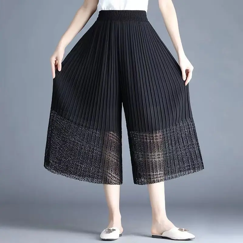 Summer New Pleated Chiffon Thin Printing Lace Cropped Pants Solid Color Loose Wide Leg Pants Casual Fashion Women Clothing