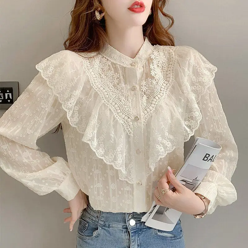 

2023 New Autumn and Spring Fashionable Lace Stitching Bottoming Long Sleeve Loose Ruffles Spliced Shirt Blouse Women T341
