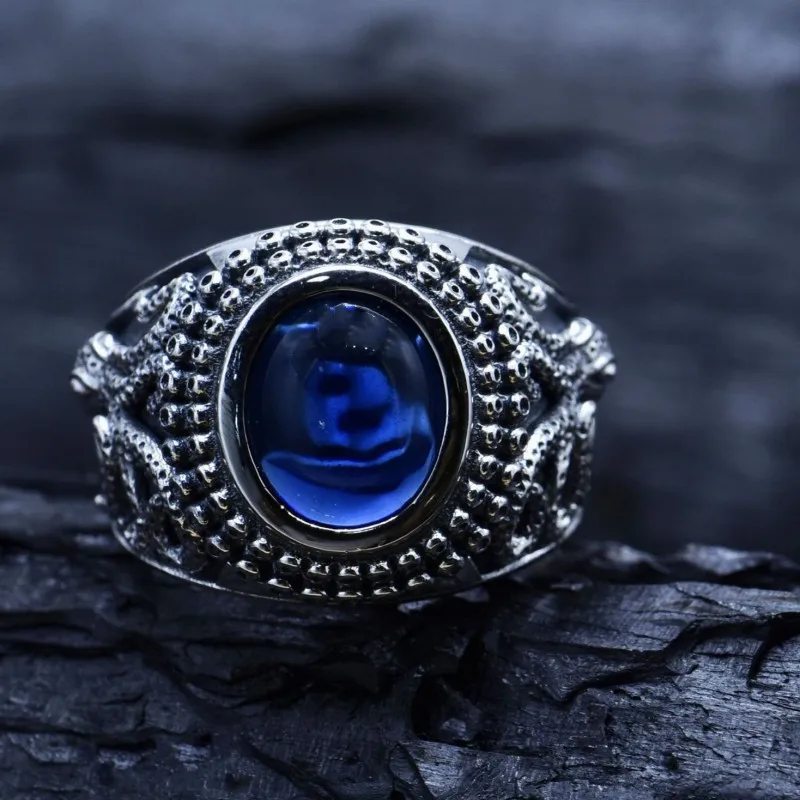 

S925 Sterling Silver Rings for Women 2023 New Women's Fashion Relief Octopus Pattern Blue Zircon Pure Argentum Punk Jewelry