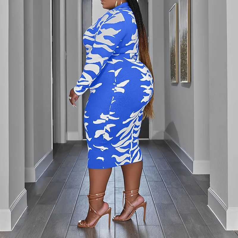 Trend Turn-down Collar Button Slim Plus Size Female Autumn Street Zebra Pattern Printing Long Sleeve Bag Hip Mid-Calf Dresses