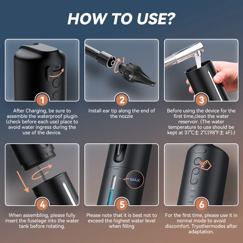 Ear Wax Removal Tool Water Powered Ear Cleaner Electric Ear Cleaning Kit with 10 Ear Tips Waterproof Type-C Rechargeable Safety 4