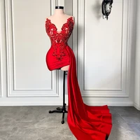 Elegant Halter Sleeveless Beaded Embroidery Women Birthday Party Gowns Black Girl Red Short Prom Dresses 2025 Side Train 1
