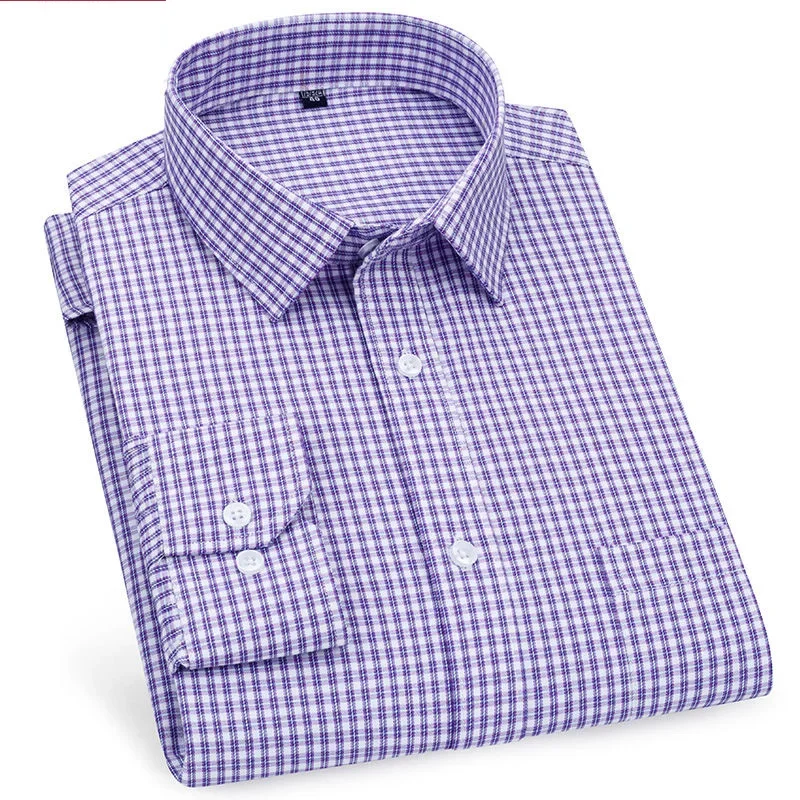 Dress Shirts Men Casual Shirts Mens Business Casual Long Sleeved Shirt Classic Plaid Striped Checked Male Social Dress Shirts for Man Purple Blue