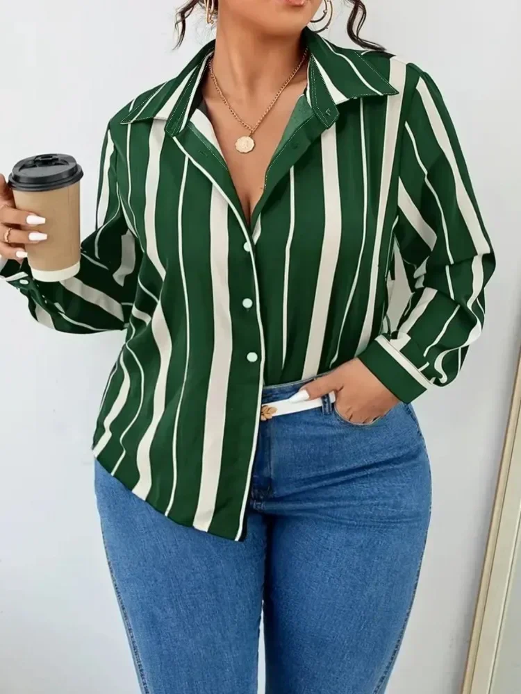 Plus Size Women Shirt 2025 New Women’s Striped Printed Temperament Commuter Shirt Slim Women’s Shirt Long Sleeve Streetwear Tops Best Sellers In Plus Sized Clothing