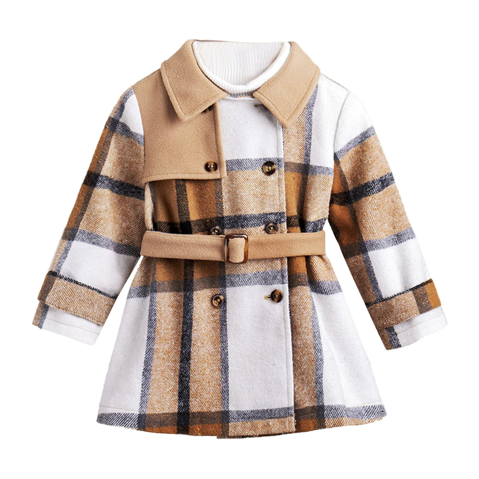 Autumn Winter Kids Girls Wools Jacket Long Sleeve Turn-down Collar Button Waist Belt Fashion Closure Plaid Patchwork Coats
