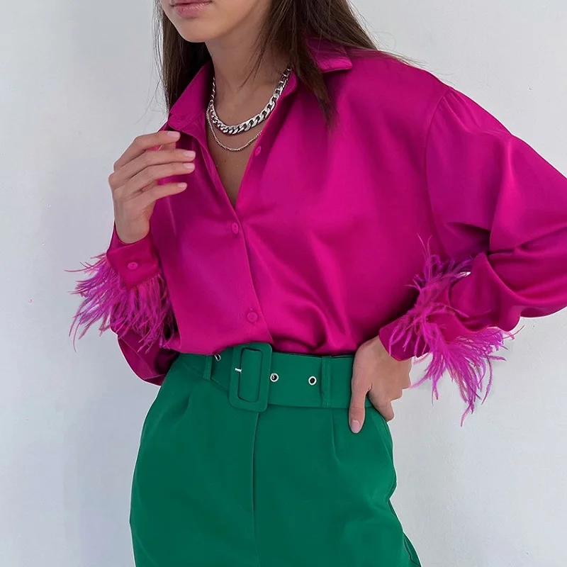 

2022 Autumn Winter Blouses Top Women Elegant Long Sleeve Spliced Feathers Solid Tops Silk Satin Blouse Shirt Office Loose Blouse