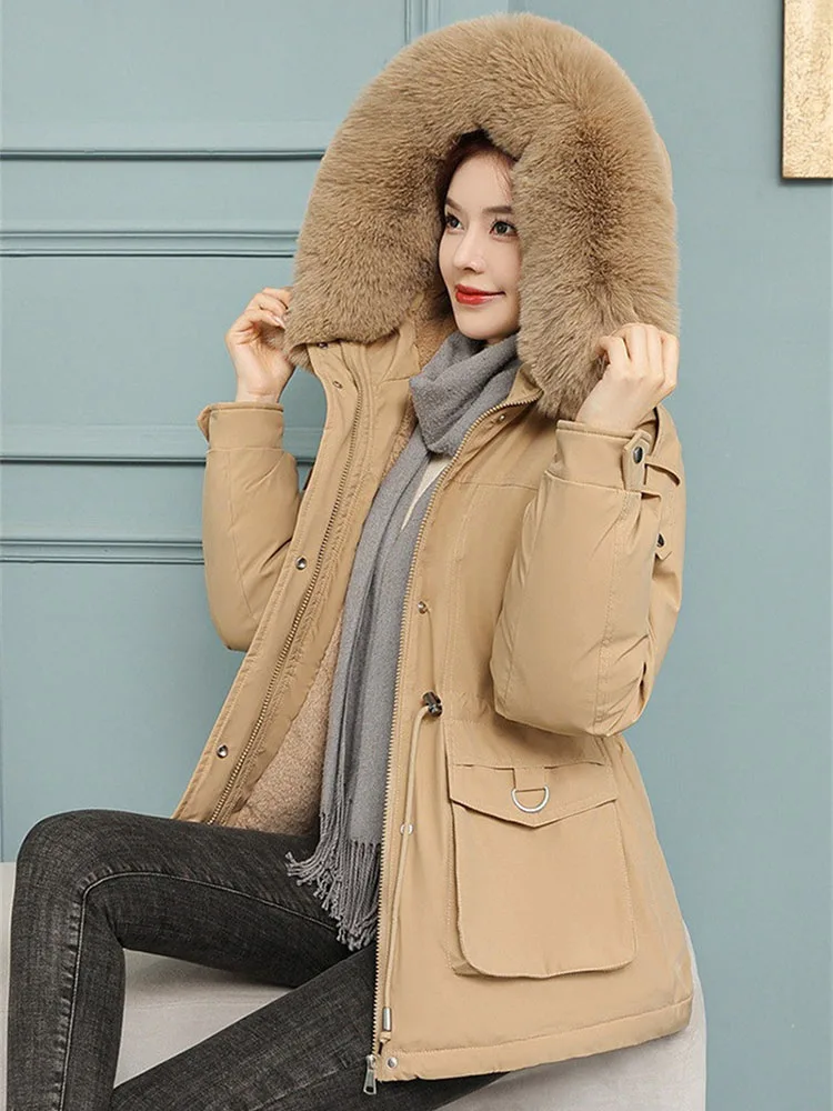 Winter Women Parka Coat Thicken Warm Schoolgirl Short Cotton-padded Jacket Fleece Overcoat Hooded Fur Collar Windproof Coat
