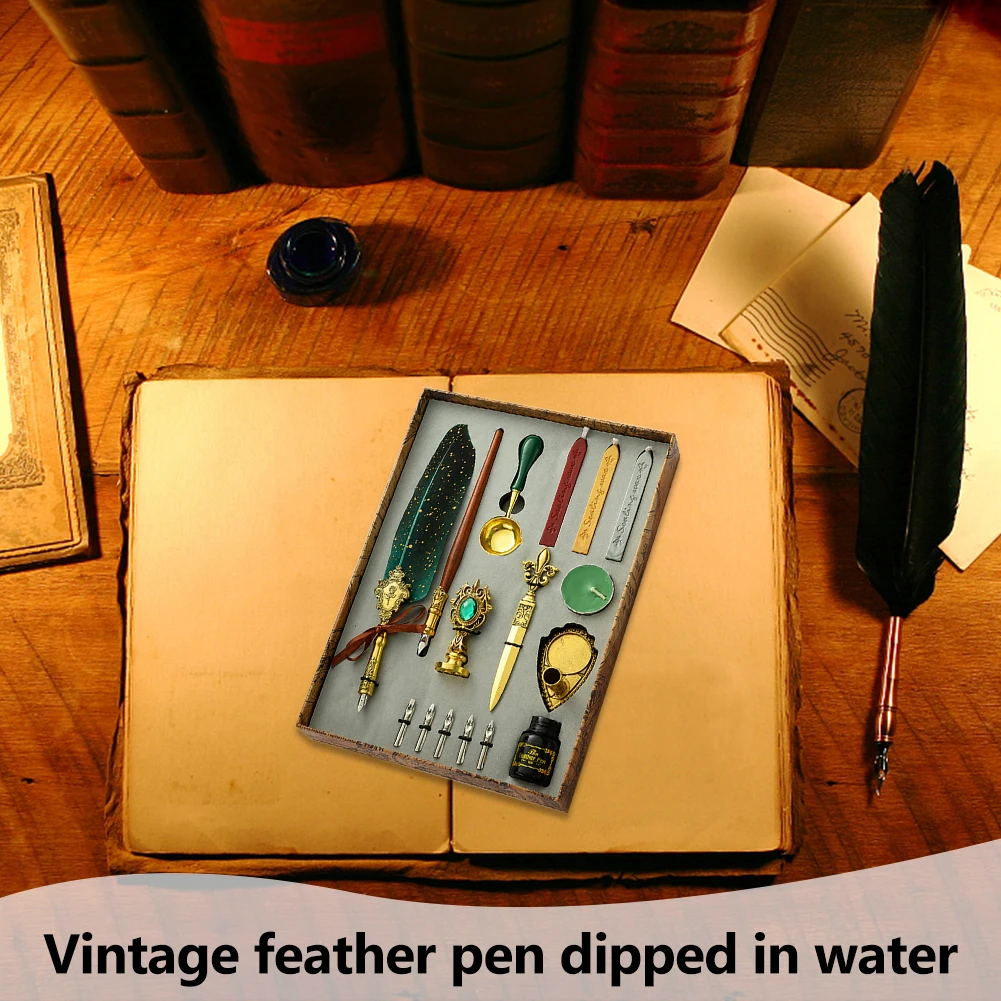 1 Set Retro Feather Pen Writing Ink Set Stationery Feather