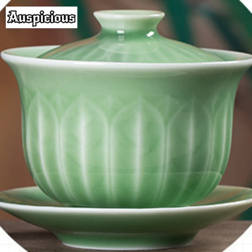 150ml Creative Longquan Celadon Gaiwan Antique Handmade Lotus Petal Tea Tureen Zen Tea Maker Cover Bowl Cha Services Craft