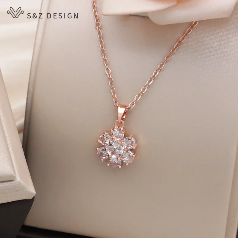 S&Z DESIGN New Fashion 585 Rose Gold Color Snowflake Pendant Necklace For Women Cubic Zirconia Jewelry Lovely Romantic Gift