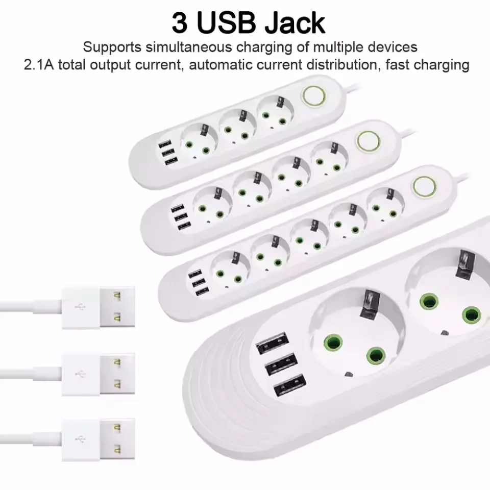 High-Power EU Plug Power Strip with USB Ports & 2m Extension Cord