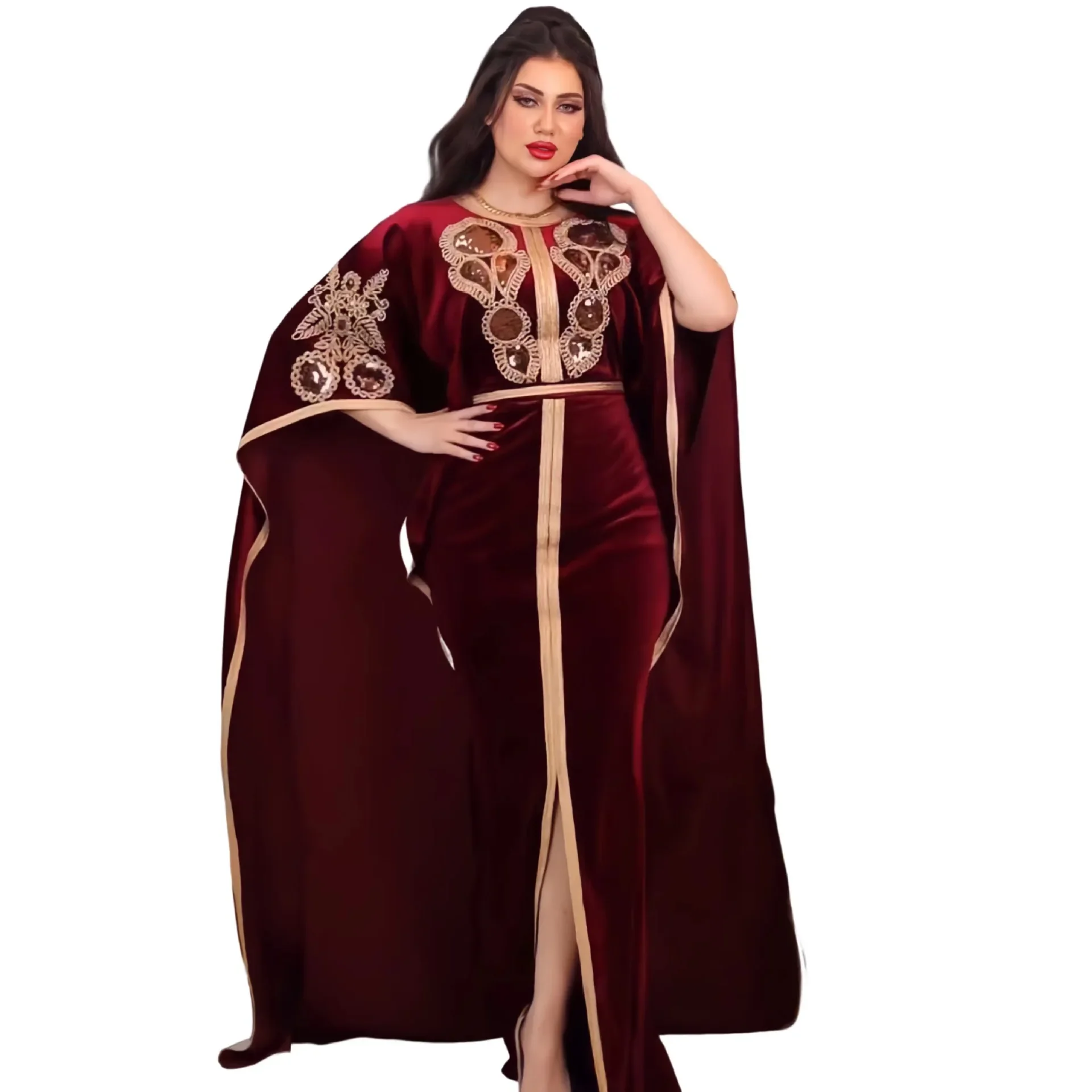 Dubai Turkey Women Abaya Velvet Long Sleeves Winter Muslim Dress Sequins Embroidered Kaftan Robe Elegant Evening Party Dresses