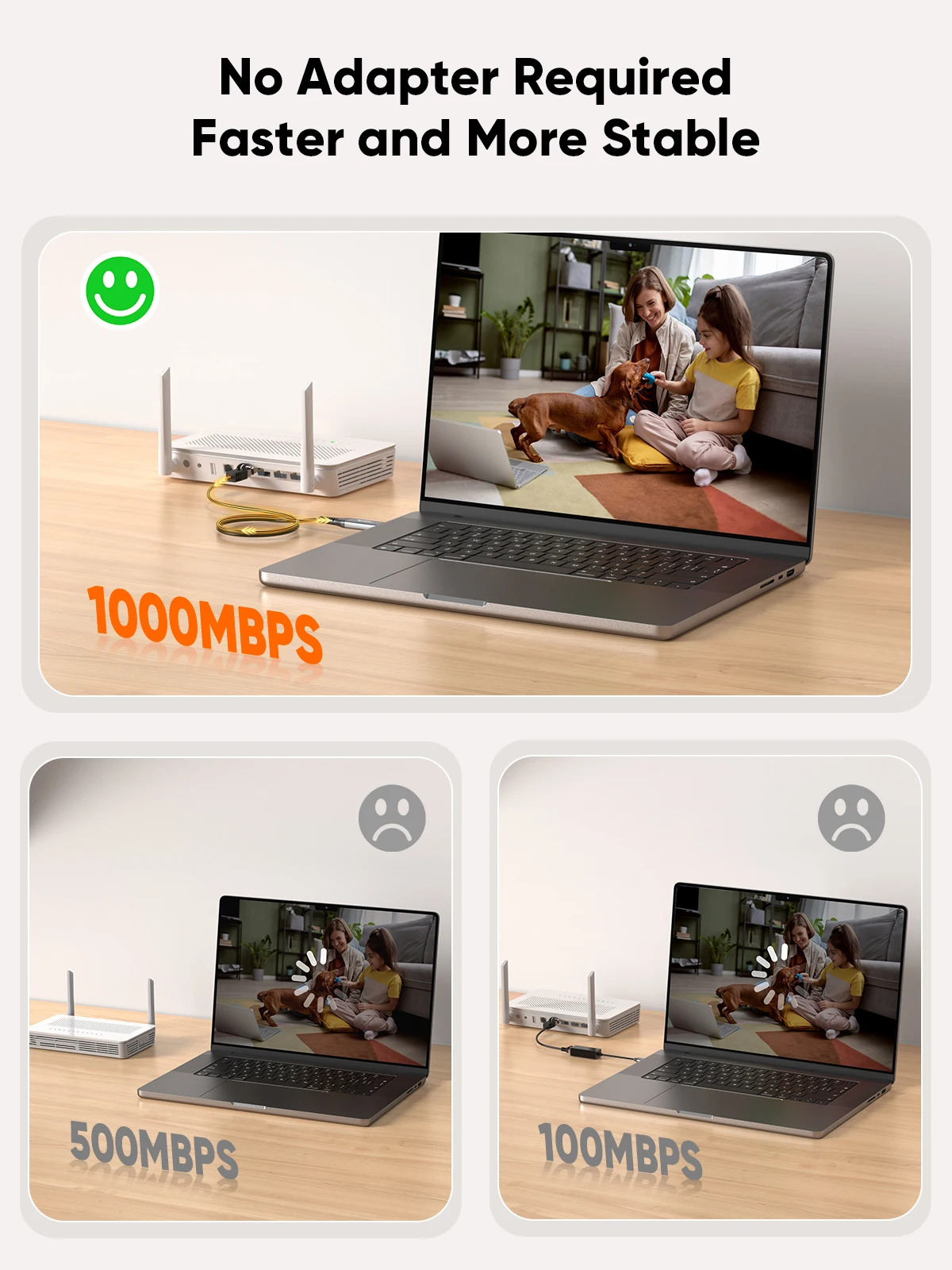 CableCreation USB C RJ45 이더넷 케이블 1000Mbps 기가비트 CAT6 일체형 LAN 네트워크 케이블 알루미늄 커넥터 안정적 전송 어댑터 불필요 맥북 아이폰15 갤럭시S24 태블릿