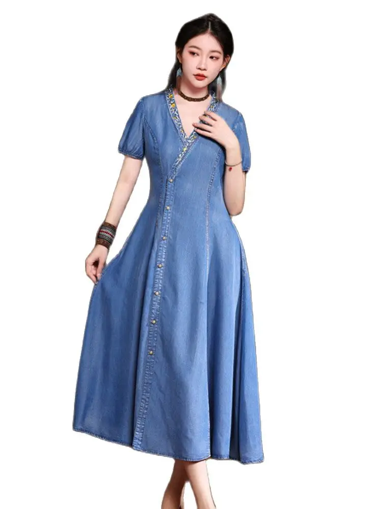 

2023 Summer Retro Women's Denim Dress V-neck Embroidered Button Short-sleeves Jean Dresses Female Slim Thin A-line Maxi Dresses