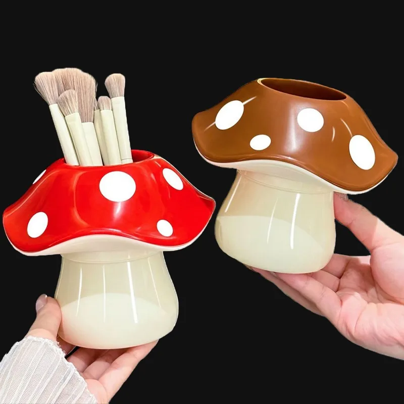 Plastic Red Brown Mushroom Storage Box Makeup Brush Holder