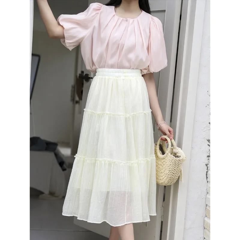 

Treutoyeu Fresh Fashion Black Midi Length Pleated Cake Skirts for Women High Waist Patchwork A Line Polyester Skirt Korean Style