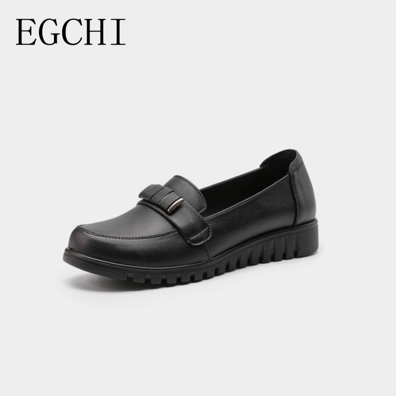 

Egchi Women Slip-on Casual Shoes Comfortable Round Toe Genuine Leather Loafers Soft Outsole Black Color Office Shoes For Female