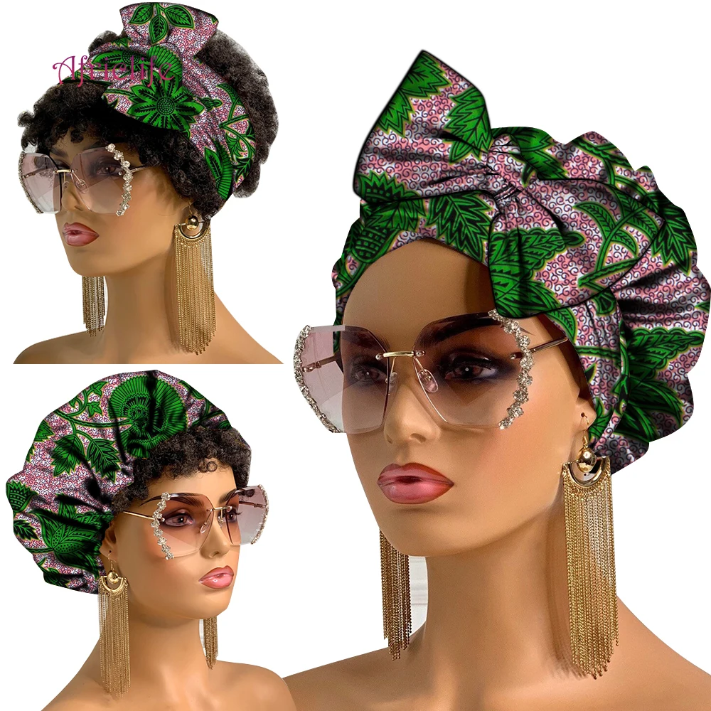 Cotton Head Wrap African Turban Cap with Ties African Material Cotton Two Pieces Set Ankara Bonnet and Headwrap Women Hair Accessories