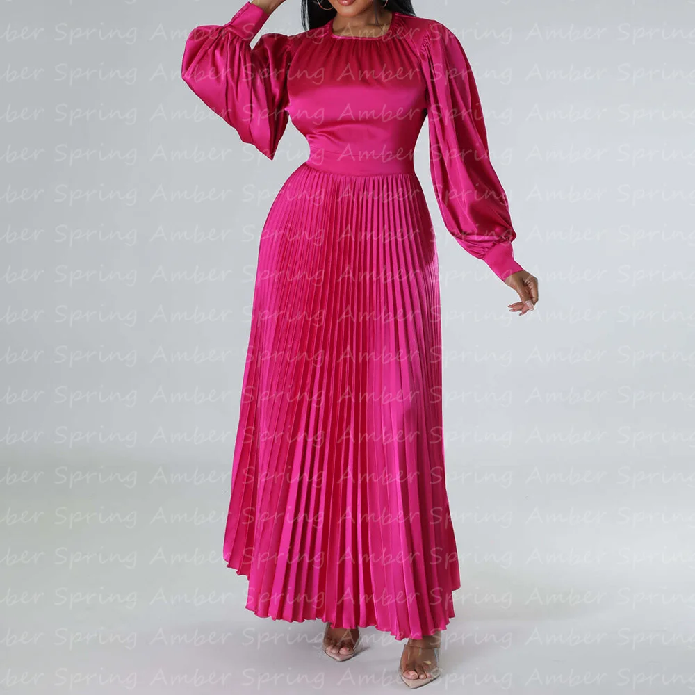 

Arabic Aso Ebi Evening Dresses Fuchsia Satin Women Prom Gowns Puffy Long Sleeves Pleats Skirt Ankel Length Wedding Guest Party