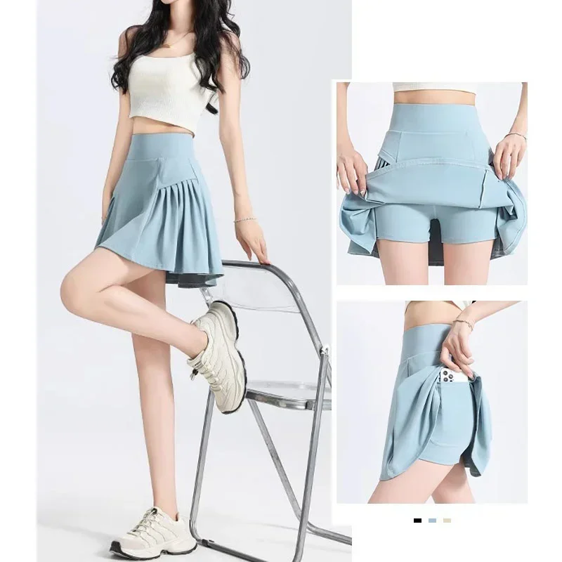 PofyBofy Side Pleated Design Sports Skirts Yoga Shorts Skirts High Waist Jogging Shorts Skirt Fitness Running Skirt with Pockets