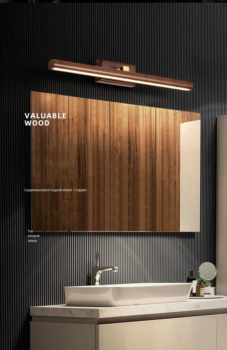 Solid Wood Cabinet Mirror LED Wall Light Bathroom Wall Light Fixture