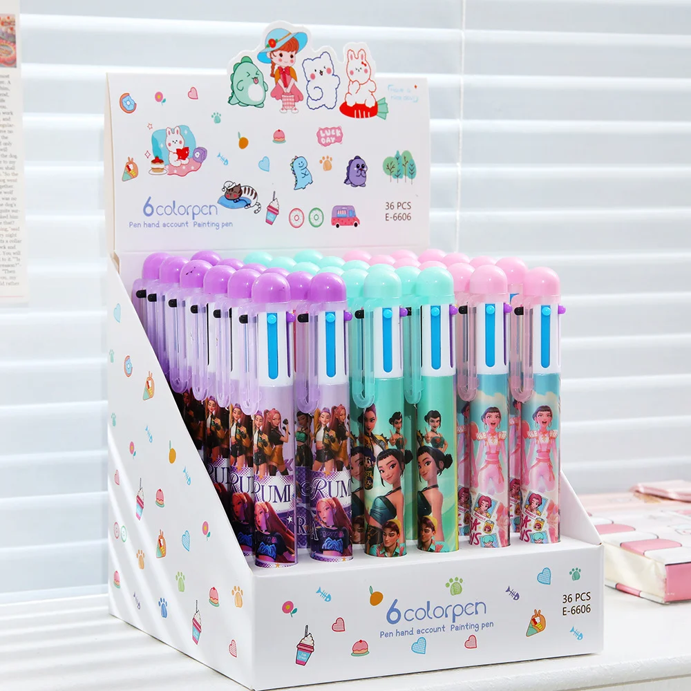 KPop Demon Hunter 6 Color Journal Pen Cute Retractable Multicolor Ballpoint Pen Smooth No Sticking Student Drawing  Lovely Gift
