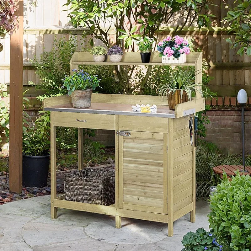 Outdoor Potting Bench with Metal Top & Storage 2