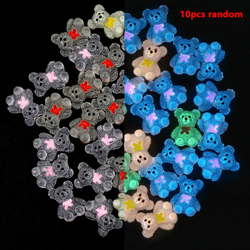

10PCS Luminous Mini Resin Nail Night Glow Bear DIY Decoration Cartoon Cute Ice penetrating drill patch Ornaments