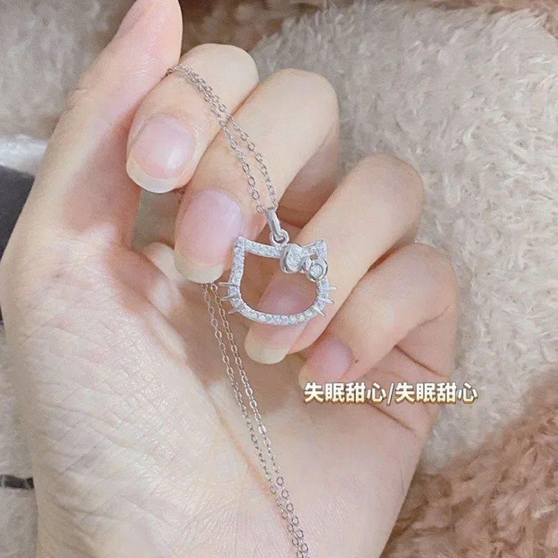 

Hellos Kittys Cat Diamond Necklace Fashion Girly Heart Student Best Clavicle Chain Niche Design Sense Sweater Chain Accessories