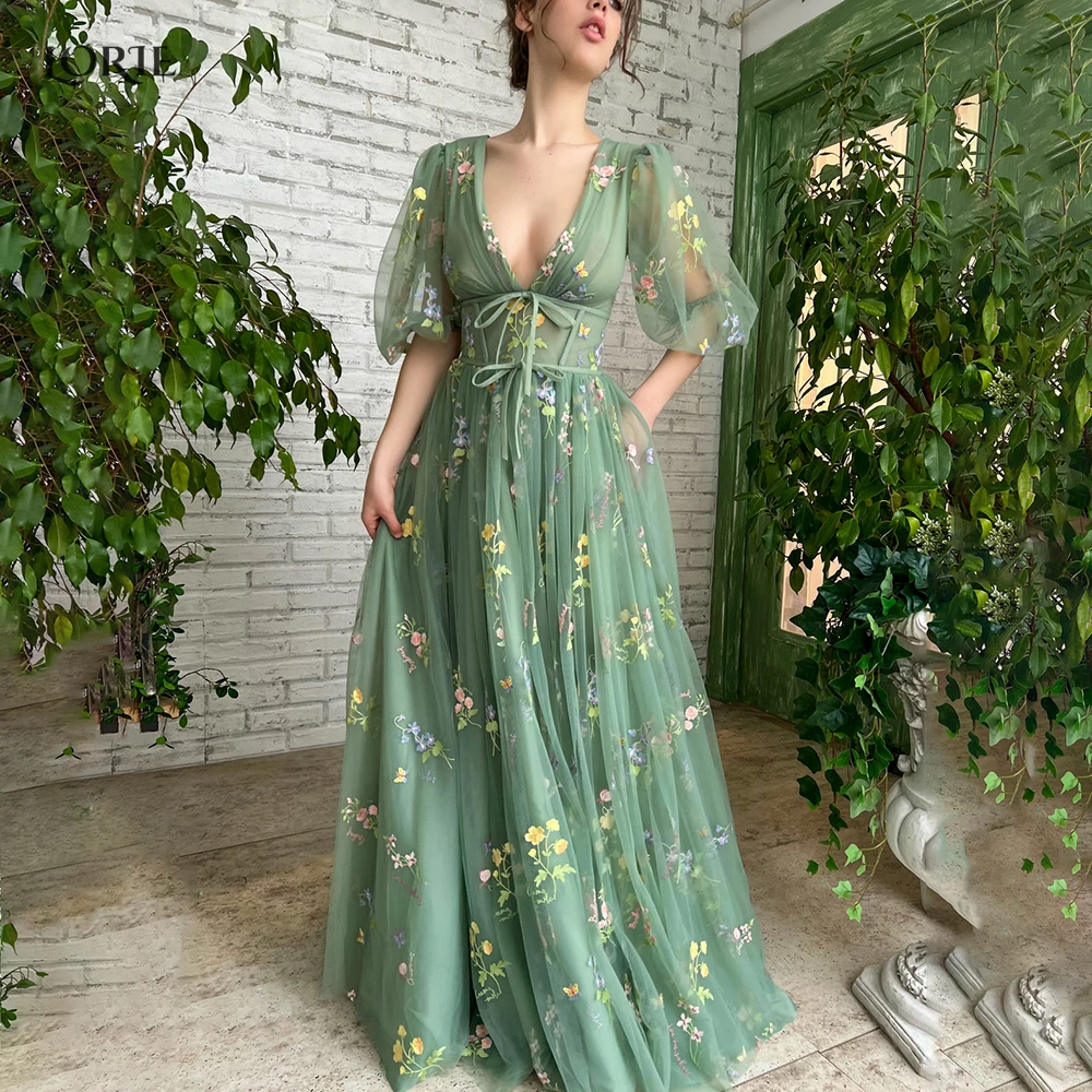 

LORIE Forest Green Fairy Lace Prom Party Dresses Puff Sleeves A-Line Foraml Graduation Gowns Pleat Appliques Evening Dance Dress