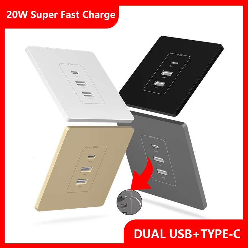 Tomada de Parede Universal Usb Dupla 20w Super Rápido Carregamento Inteligente tipo c Porta Vidro Plástico Poder Adaptador de Carregamento Rápido
